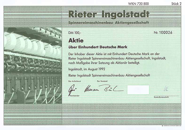 Rieter Ingolstadt Akie 100 DM von 1992