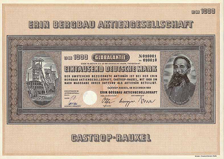 Erin Bergbau AG Aktie von 1954 Globalaktie 1000 DM