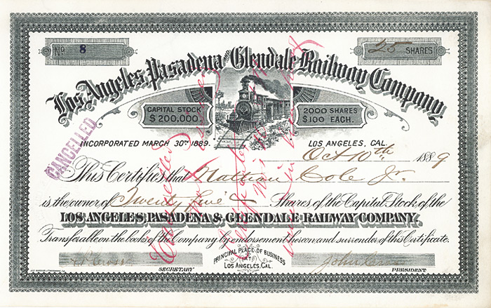 Los Angeles, Pasadena and Glendale Railway Company, Los Angeles, Aktie von 1889