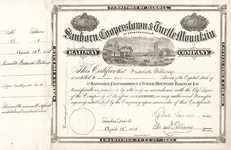 Sanborn, Cooperstown and Turtle Mountain Railway, Aktie von 1885