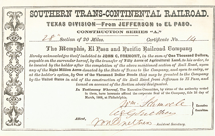 Southern Trans-Continental Railroad Memphis, El Paso and Pacific Railroad, Bond von 1868