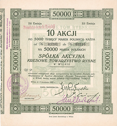 Spolka Akcyjna Kresowe Towarzystwo Rybne, Wilno, 1922