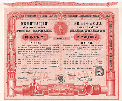 Obligacja miasta Warszawy z roku 1896 na 1000 rubli