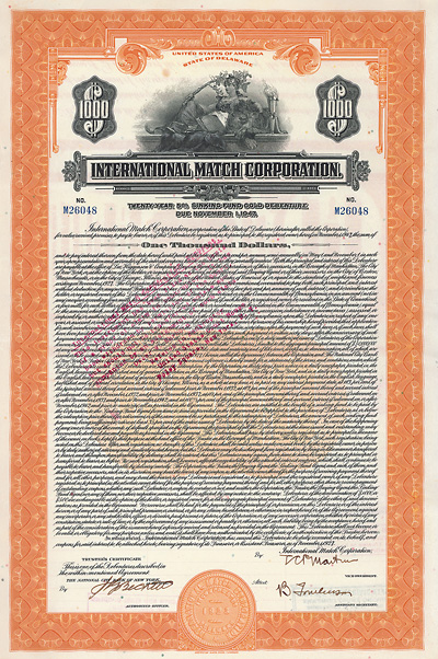 International Match Corporation, New York, 1927 Gold Debenture 1000 USD