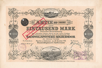 Baumwollspinnerei Kolbermoor Aktie von 1919