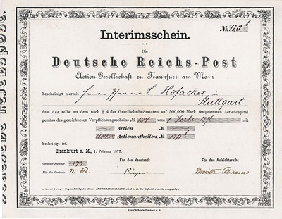 Deutsche Reichs-Post Actien-Gesellschaft Frankfurt 1877
