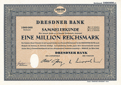 Dresdner Bank 1944 Sammelaktie 1 Million RM