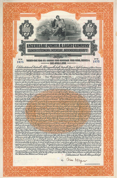 Elektricitätswerk Unterelbe AG Gold Bond 1928