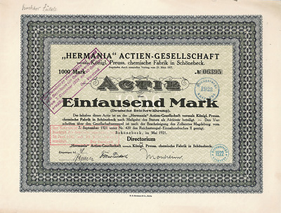 HERMANIA AG vormals Königlich Preußische Chemische Fabrik Schönebeck 1921