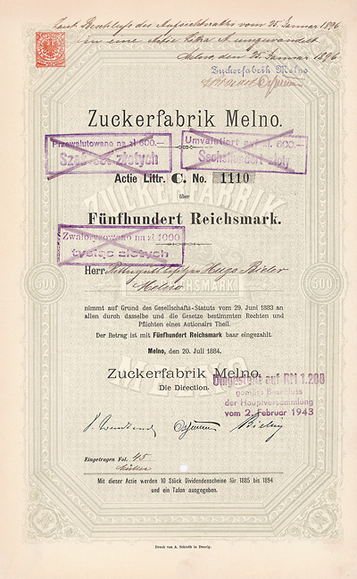 Zuckerfabrik Melno, Gründeraktie von 1884