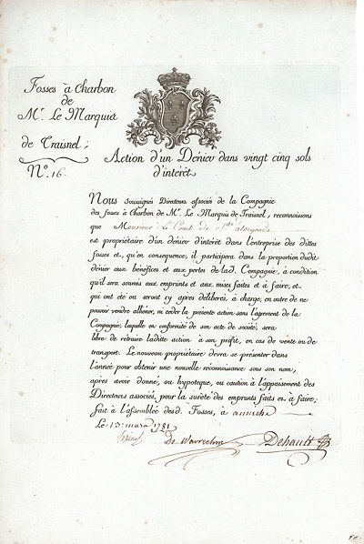Compagnie des Fosses à Charbon de Mr. Le Marquis de Traisnel, Anniche, 1781