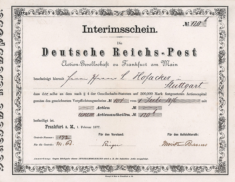 Deutsche Reichs-Post AG in Frankfurt a.M.,  1877, Gr&uuml;nderaktie einer Zeitschrift der Bismarck nahe stehenden Deutsch-Konservativen Partei