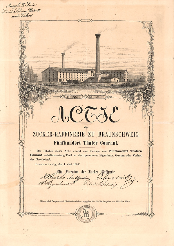 Zucker-Raffinerie zu Braunschweig, Aktie von 1859