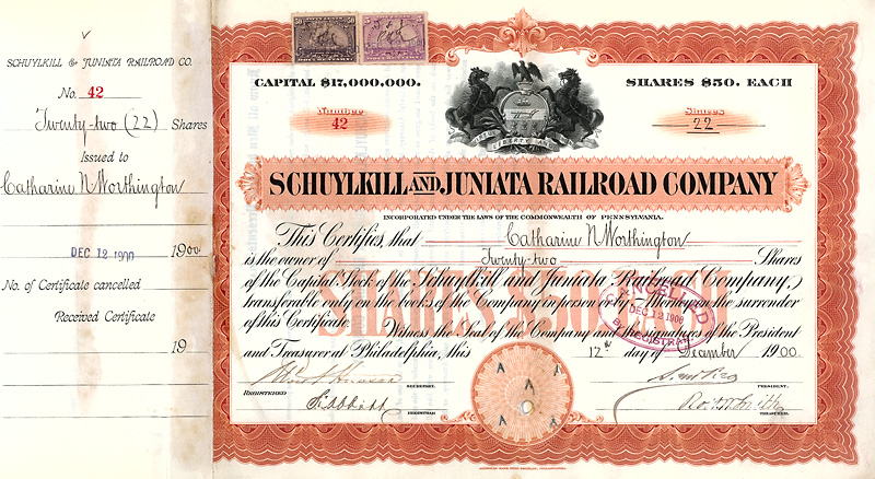 Stock certificate of the Schuylkill and Juniata Railroad Company, issued 1900, hand signed by Samuel Rea as president