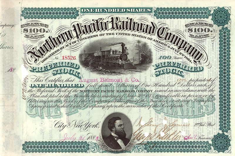 Stock certificate of the Northern Pacific Railrod Company, issued 1888 to the August Belmont & Co., hand signed on the back side by August Belmont, Jr.