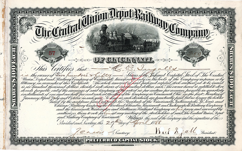 Stock certificate of Central Union Depot and Railway Company, issued 1888 to Melville Ezra Ingalls and hand signed by him self as president