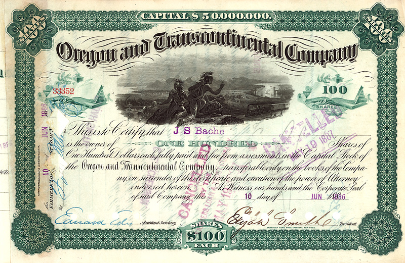 Stock certificate of the Oregon and Transcontinental Company, issued 1886 to Jules Semon Bache (hand signed by him on the back side)