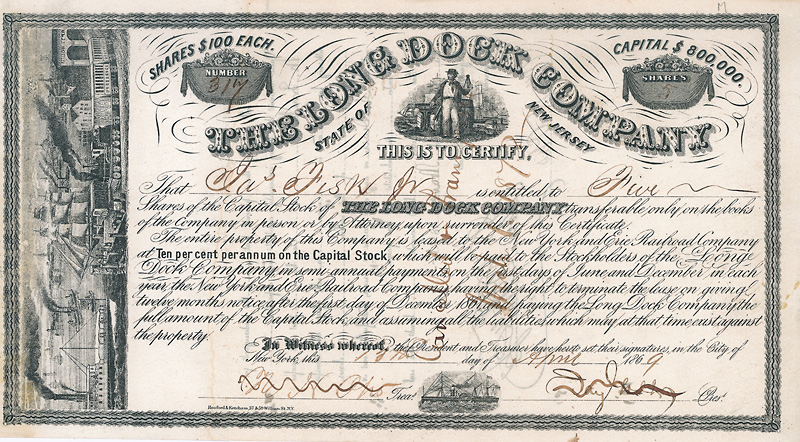 Stock certificate of the Long Dock Company, issued 1869 to James Fisk Jr., hand signed by Jay Gould as president