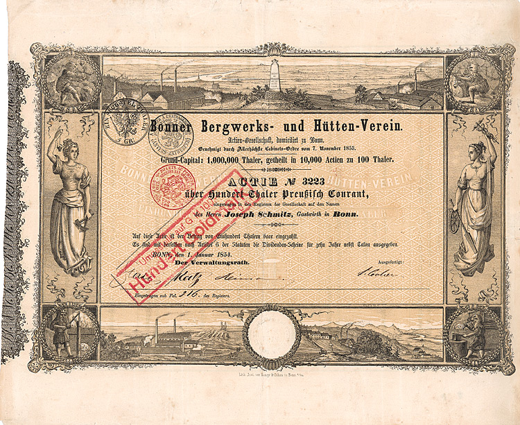 Bonner Bergwerks- und Huetten-Verein, Aktie 100 Thaler, Bonn 1. Januar 1854