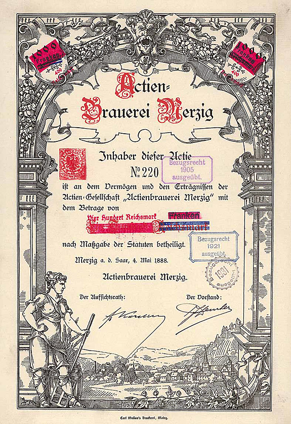 Brauerei Actien-Brauerei Merzig Actie Aktie 1888