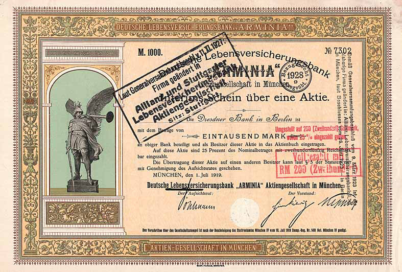 Deutsche Lebensversicherungsbank ARMINIA Muenchen 1000 Mark Aktie von 1919