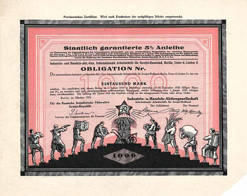 Industrie- und Handels-Aktiengesellschaft Internationale Arbeiterhilfe fuer Sowjet-Russland, Berlin 1922 Obligation