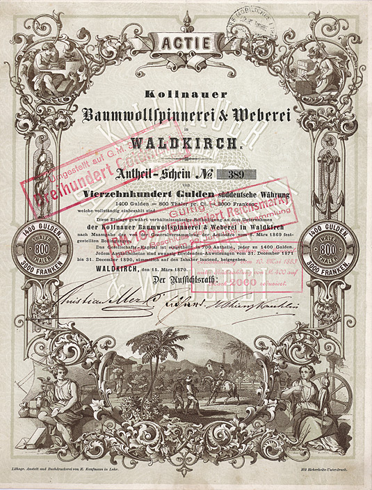 Kollnauer Baumwollspinnerei Weberei Waldkirch Aktie 1400 Gulden von 1870