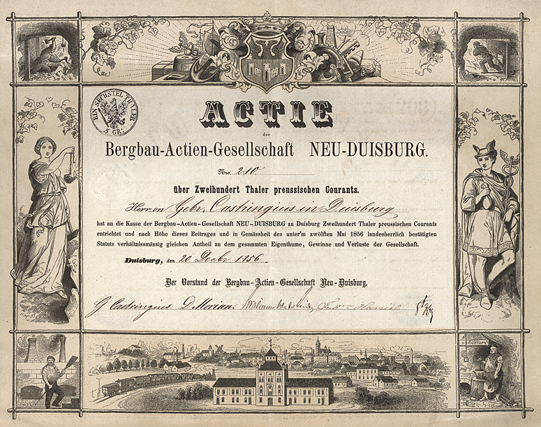 Bergbau-Actien-Gesellschaft Neu-Duisburg Actie 200 Thaler Duisburg 1856