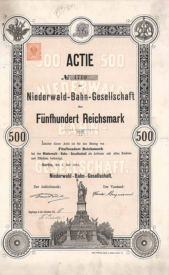 Niederwald-Bahn-Gesellschaft Actie 500 Reichsmark von 1884