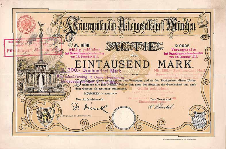 Prinzregentenplatz Aktiengesellschaft Muenchen Actie 1000 Mark 6. April 1900