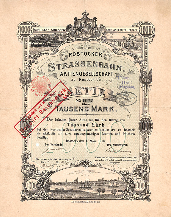 Rostocker Strassenbahn Aktie 1000 Mark 1910
