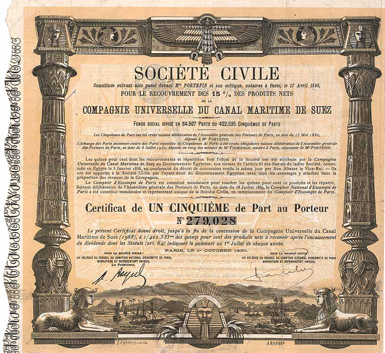 Compagnie Universelle du Canal Maritime de Suez Certificat de 1/5 Part Paris 1930