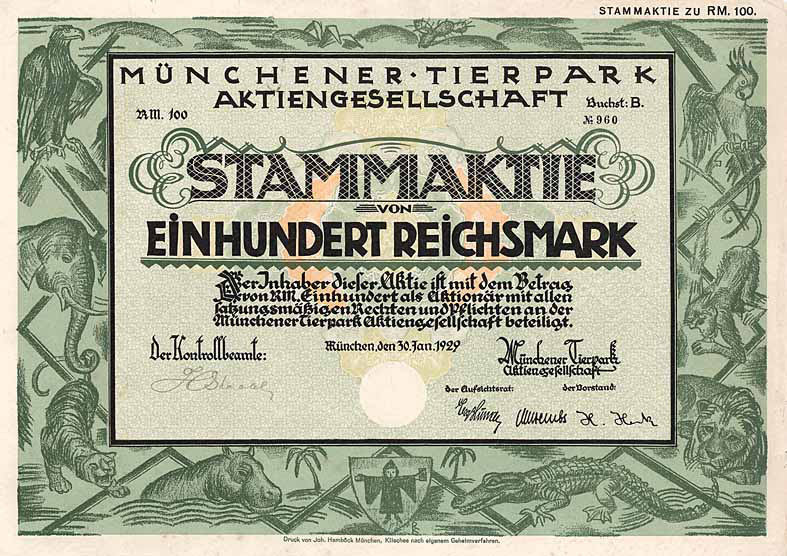 Muenchener Tierpark 100 RM Aktie von 1929