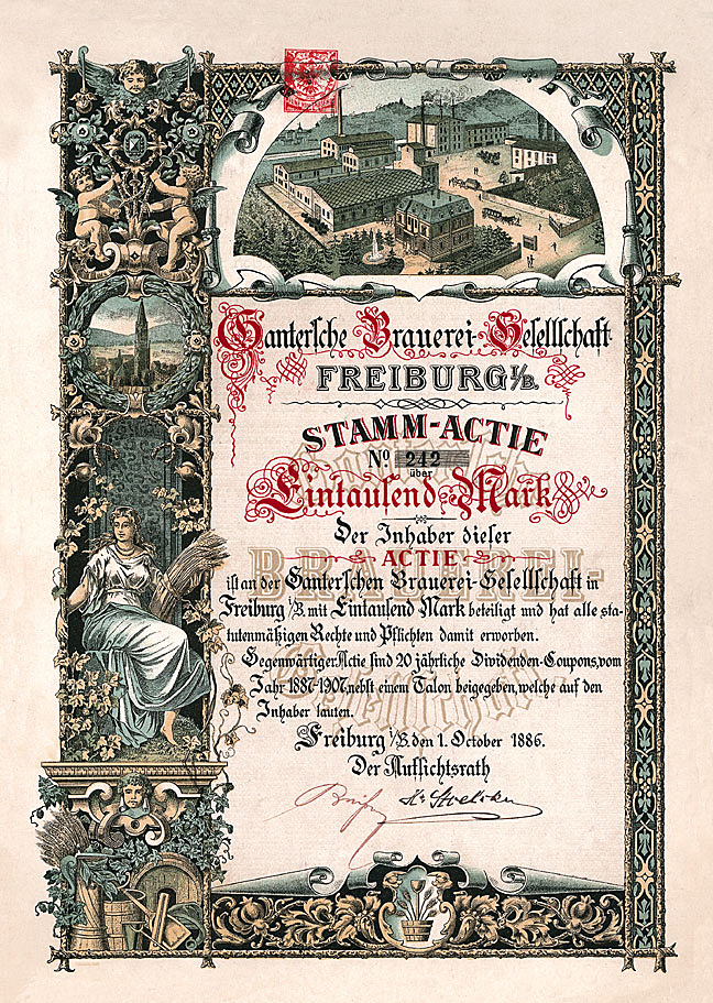 Gantresche Brauerei Freiburg 1886 Stamm-Actie Aktie 1000 Mark