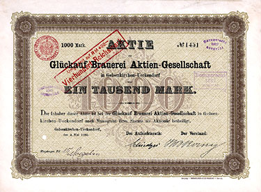 Glueckauf Brauerei AG Gelsenkirchen-Ueckendorf- Gruenderaktie von 1895