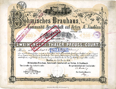 Boehimisches Brauhaus A. Knoblauch, 200 Taler Aktie, Berlin, 1870, enthalten im Los Nr. 756, Sammlerlot Brauereien, Startpreis 1000 EUR