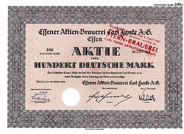 Essener Aktien-Brauerei Carl Funke, Aktie 100 DM von 1960 - SEHR SELTEN