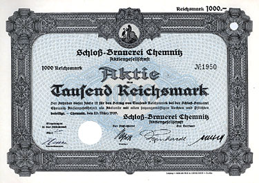 Schloss-Brauerei Chemnitz AG Aktie von 1939 1000 RM