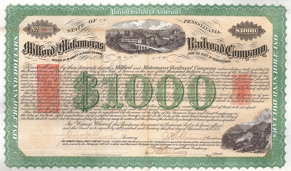  Milford and Matamoras Railroad Nonvaleurs als Sammelobjekte und Kapitalanlage