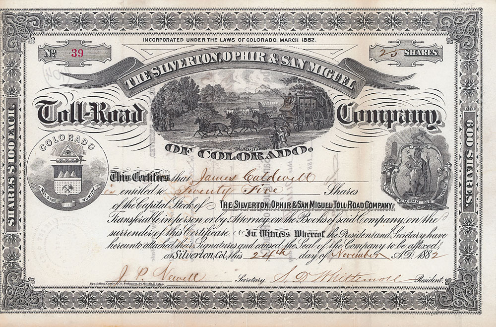 Silverton, Ophir and San Miguel Toll-Road Company Nonvaleurs als Sammelobjekte und Kapitalanlage