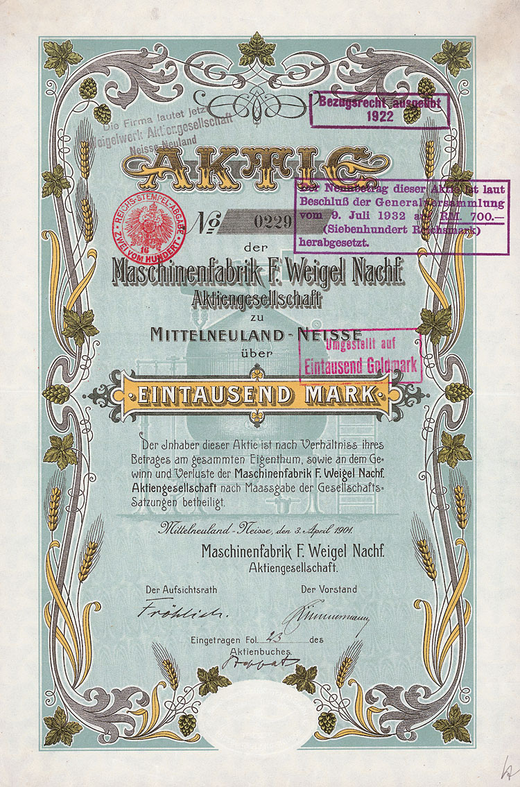 Maschinenfabrik F. Weigel Nachf. Aktiengesellschaft Nonvaleurs als Sammelobjekte und Kapitalanlage