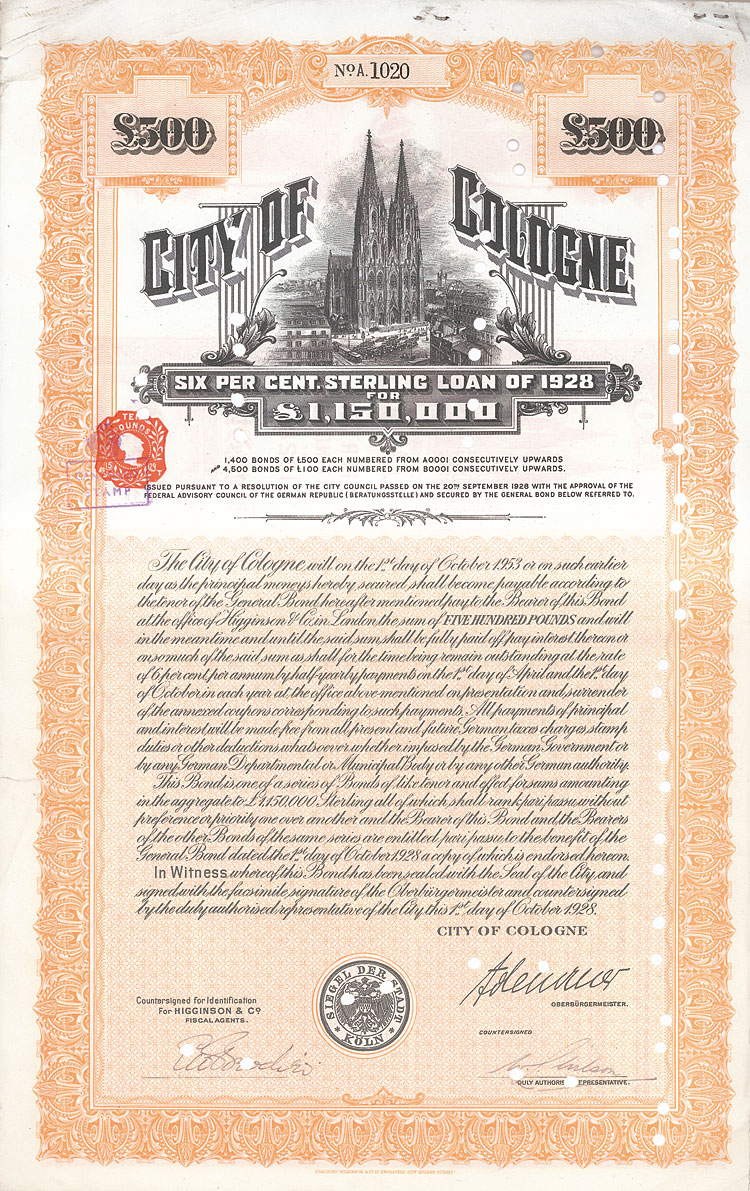 Sterling Loan City of Cologne Nonvaleurs als Sammelobjekte und Kapitalanlage