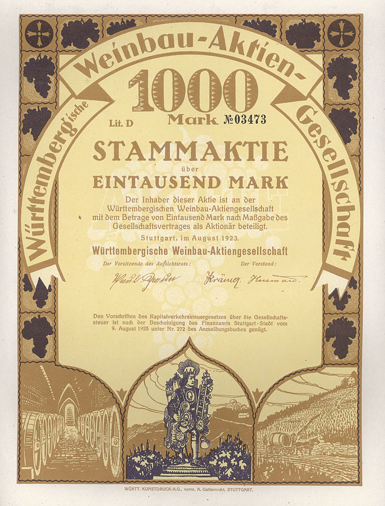 Württembergische Weinbau-Aktiengesellschaft Nonvaleurs als Sammelobjekte und Kapitalanlage