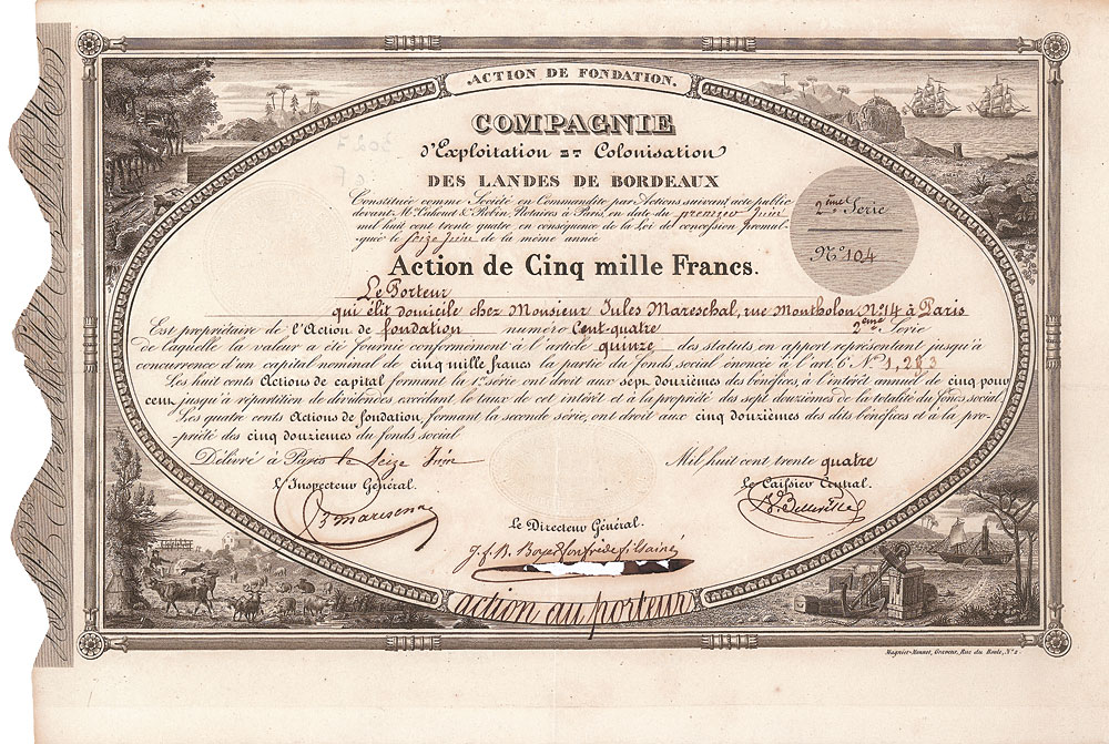 Compagnie d’Exploitation et de Colonisation des Landes de Bordeaux Nonvaleurs als Sammelobjekte und Kapitalanlage