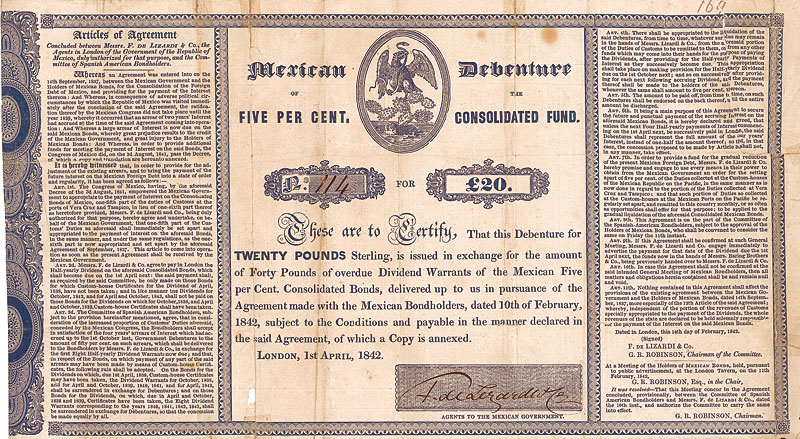 Republic of Mexico Debenture 20 Pounds Sterling 1842 