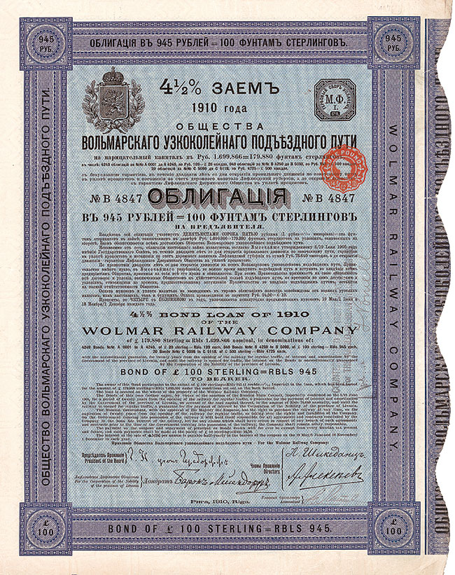 Wolmar Railway (Wolmar Eisenbahn) 945 Rubel Anleihe von 1910