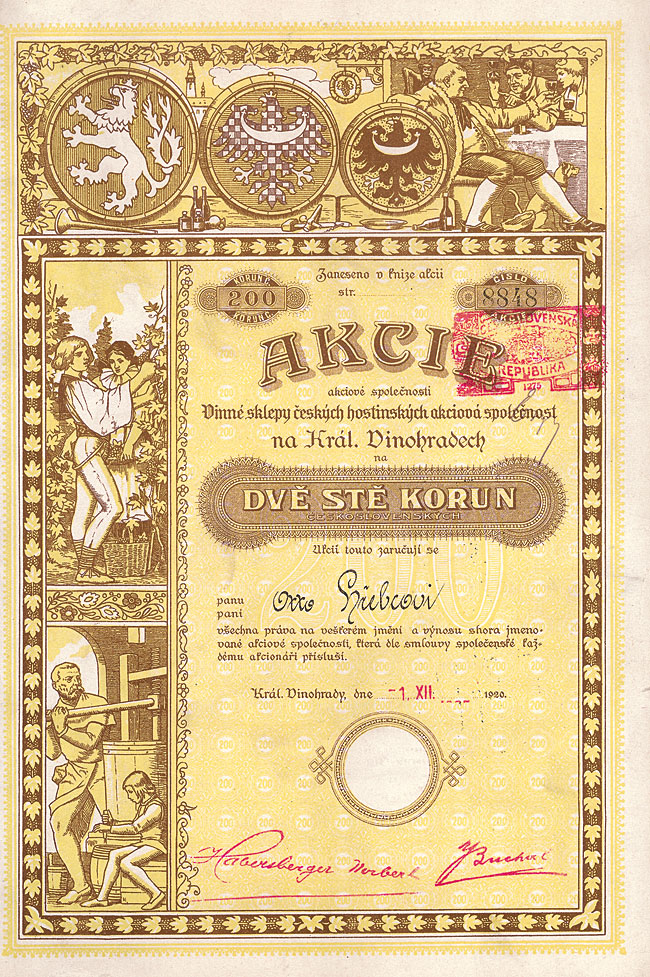 Weinkellerei der Boehmischen Gastwirte AG Prag 1920