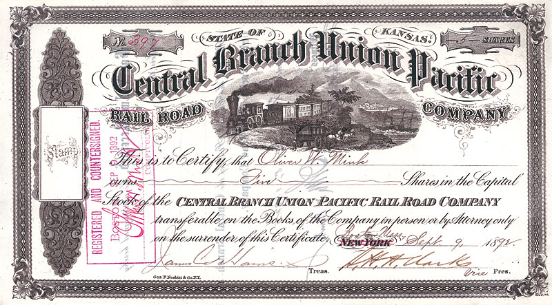 Central Branch Union Pacific Rail Road Company 1892