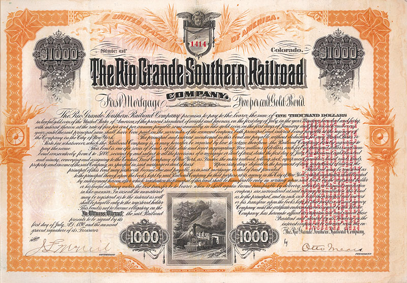 Rio Grande Southern Railroad Company, Denver 1890 Gold Bond
