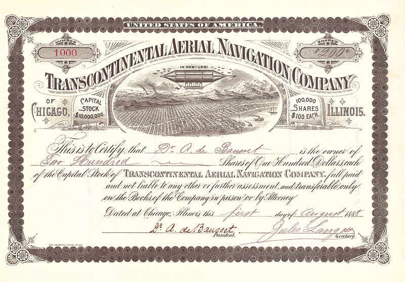 Transcontinental Aerial Navigation Company, Chicago, 1888